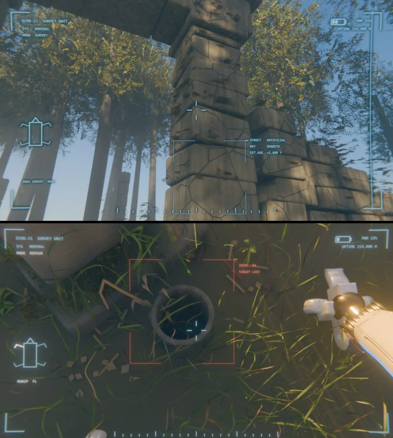 エコー視点の HUD。上:柱をスキャン (MODE SURVEY)、下:MODE REPAIR