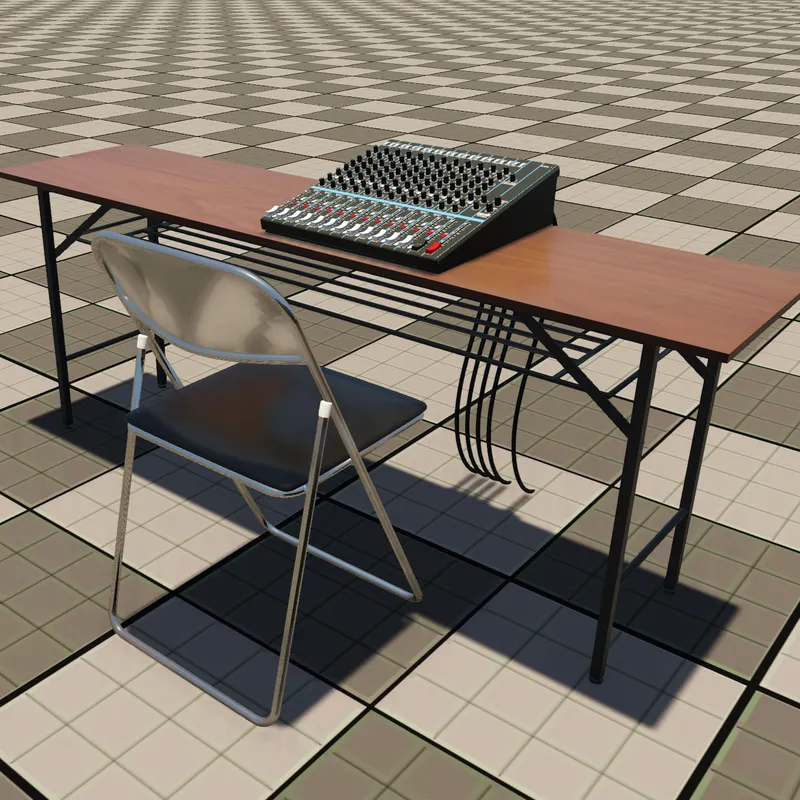 mixer, desk, and chair