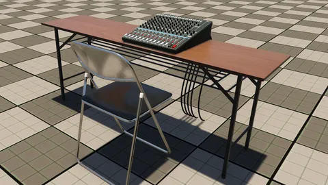 mixer, desk, and chair